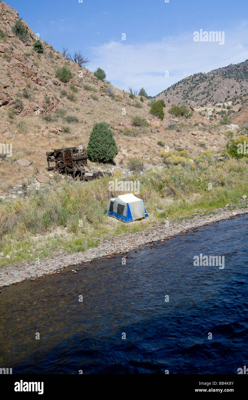 Colorado Canon City Royal Gorge Railroad Views from the train along the Arkansas River camping next to old mine. Stock Photo