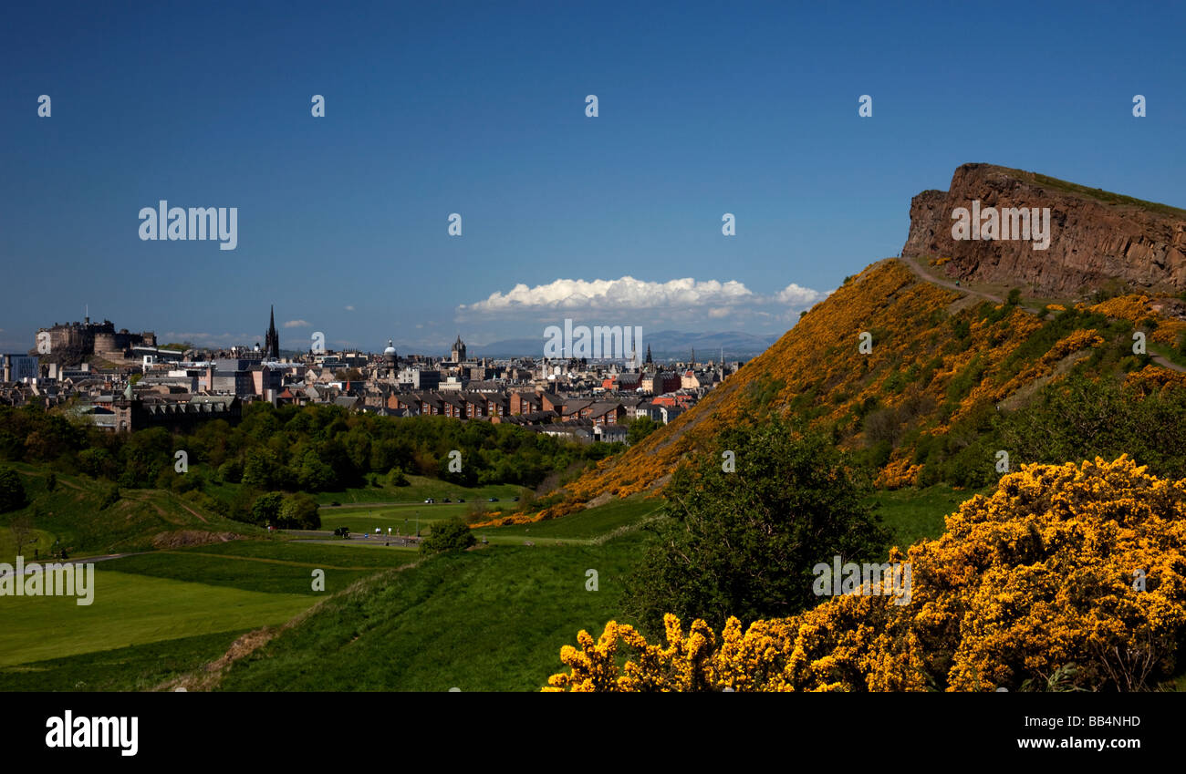 View of Salisbury Crags and Edinburgh city from Holyrood Park, Edinburgh, Scotland, UK, Europe Stock Photo