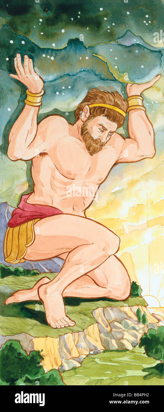 In ancient Greek mythology, Atlas was doomed to carry the world on his shoulders as a result of his part in a war against Zeus. Stock Photo