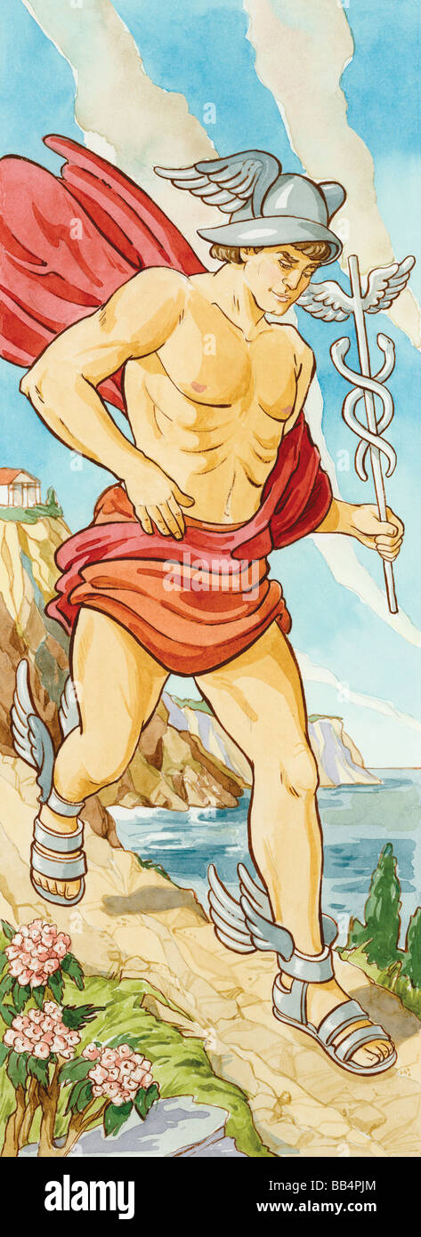 Hermes was messenger to the gods of ancient Greece, often sent on errands for Zeus. Roman mythology associated him with Mercury. Stock Photo