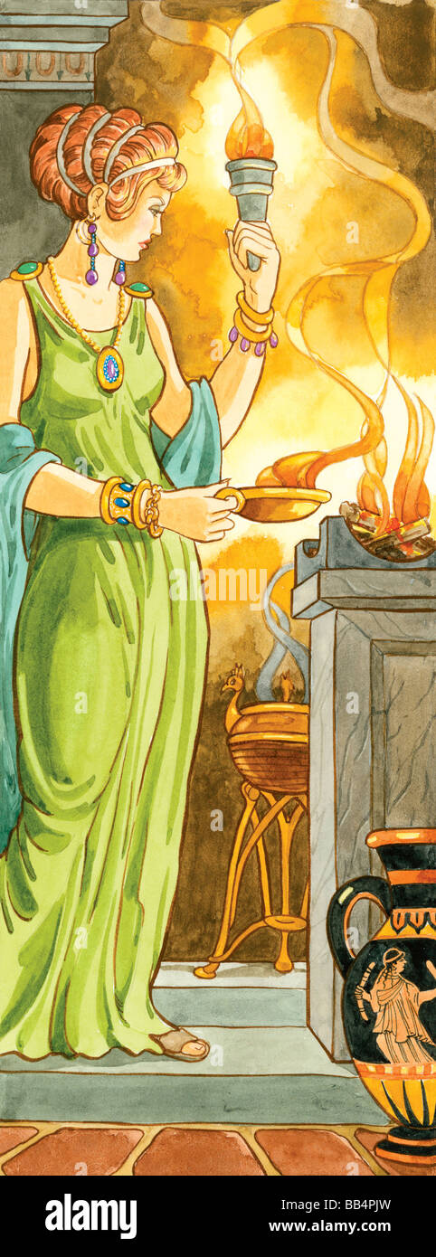 In Greek mythology, Hestia was the goddess of the hearth and one of the 12 Olympian deities. Stock Photo