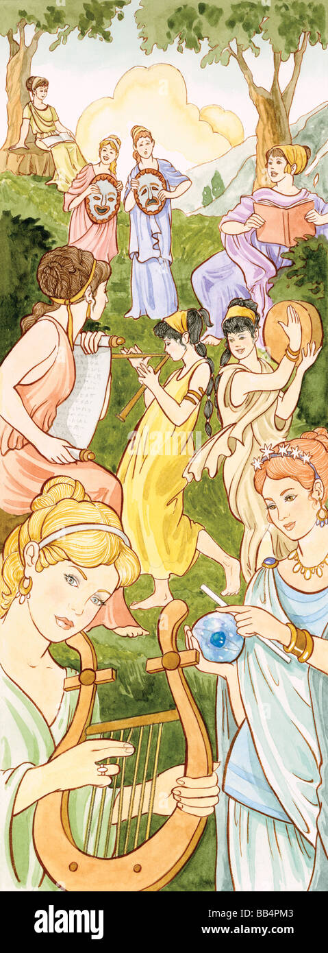 In ancient Greek and Roman mythology the Muses were nine sister goddesses who inspired people in the arts and sciences. Stock Photo