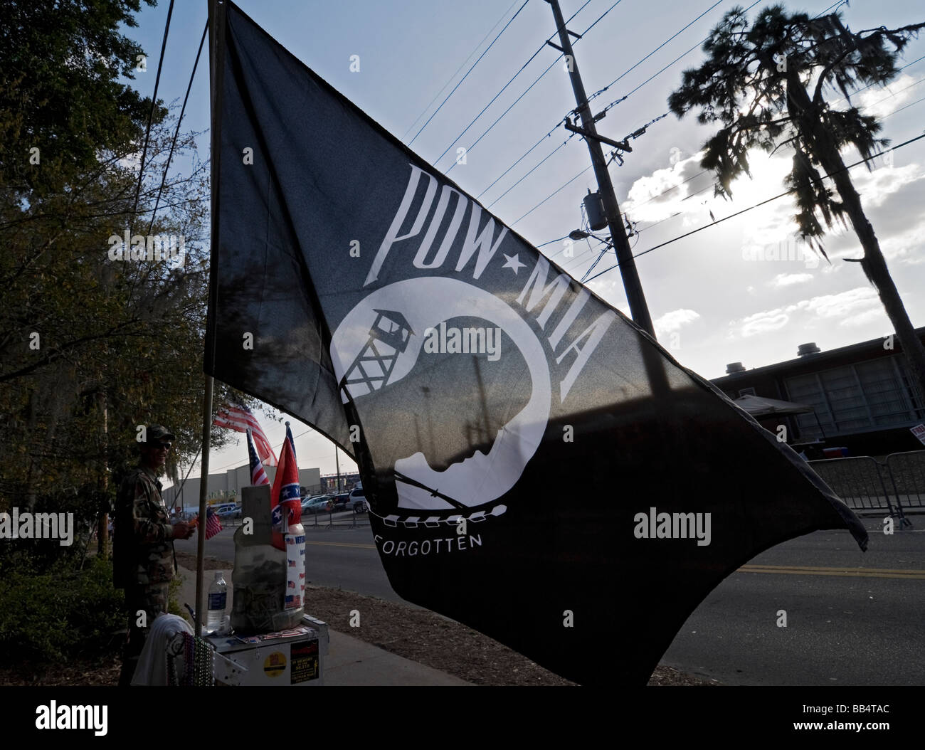 Florida Strawberry Festival Plant City Florida POW MIA flag at disabled veterans collection booth Stock Photo