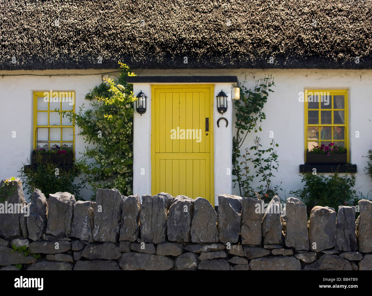 Europe, Ireland, Ballyvaughan. Yellow door and windows on a traditional thatchedroof house with