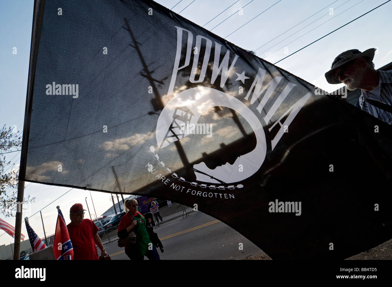 Florida Strawberry Festival Plant City Florida POW MIA flag at disabled veterans collection booth Stock Photo