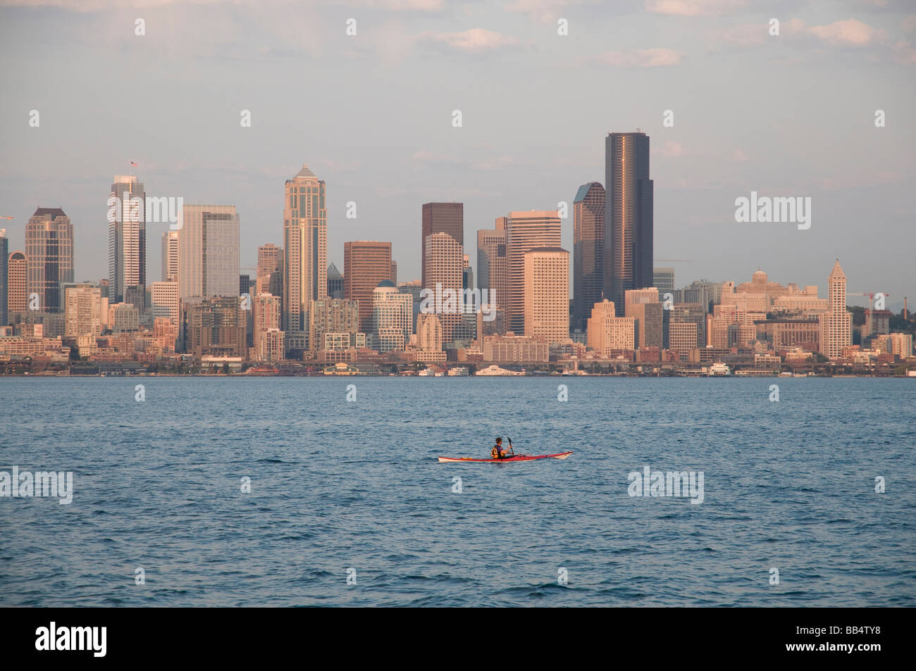 Seattle skyline and waterfront viewed from West Seattle across Elliott Bay. Stock Photo