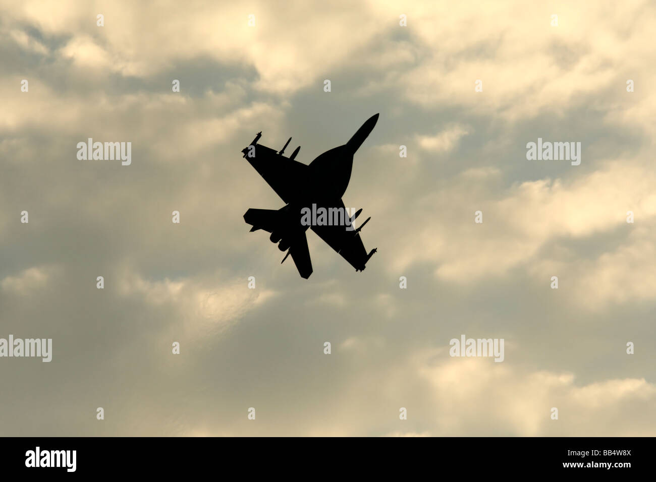 Silhouette Overhead View of a Super Hornet F/A-18E/F Jet Fighter Stock Photo