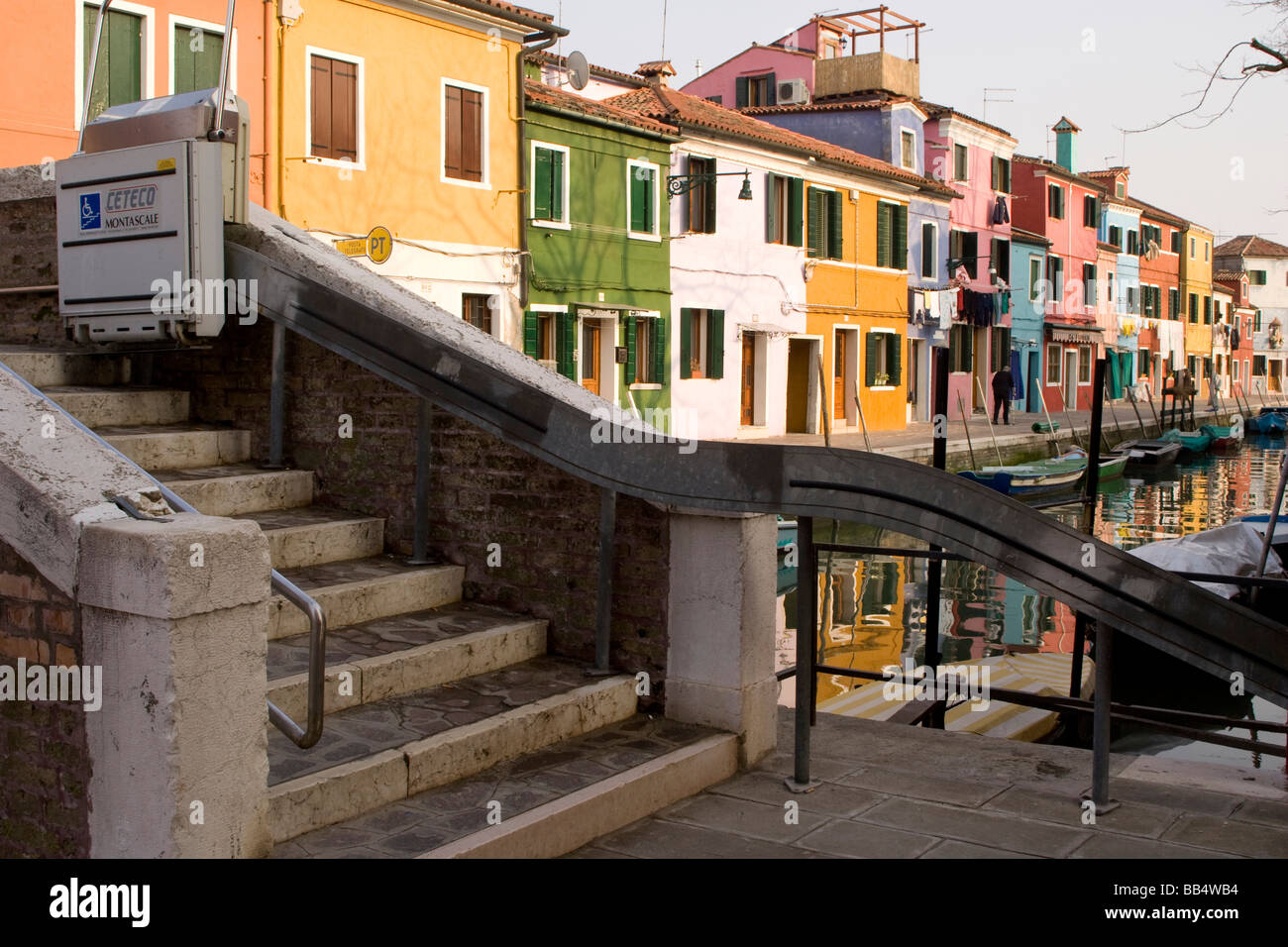 Italy, Venice, Burano. A wheelchairaccessible bridge over a canal