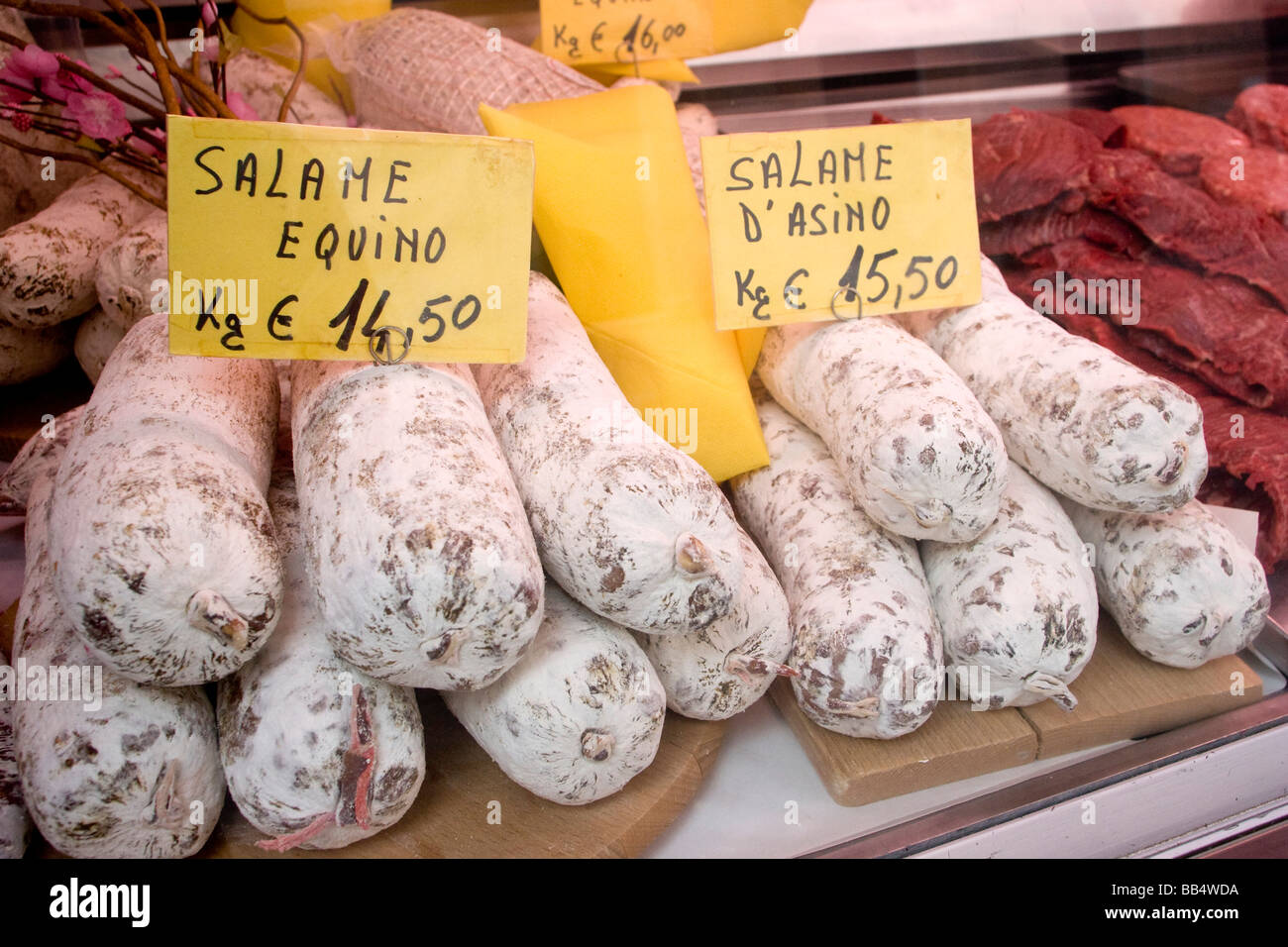 Europe, Italy, Venice. Horse meat products for sale at market Stock