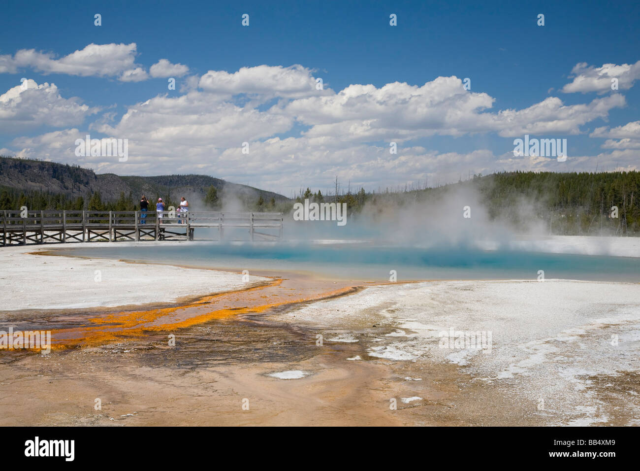 WY, Yellowstone National Park, Black Sand Basin, Rainbow Pool and Sunset Lake, and colorful bacterial mat Stock Photo