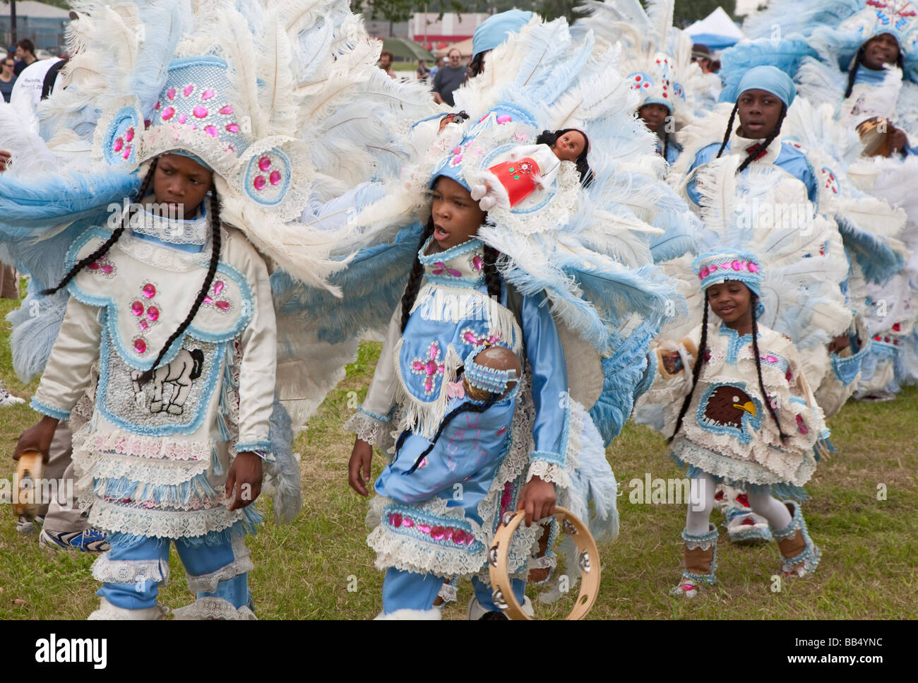 New Orleans Louisiana The Wild Mohicans Mardi Gras Indian Tribe performs at an Earth Day celebration Stock Photo