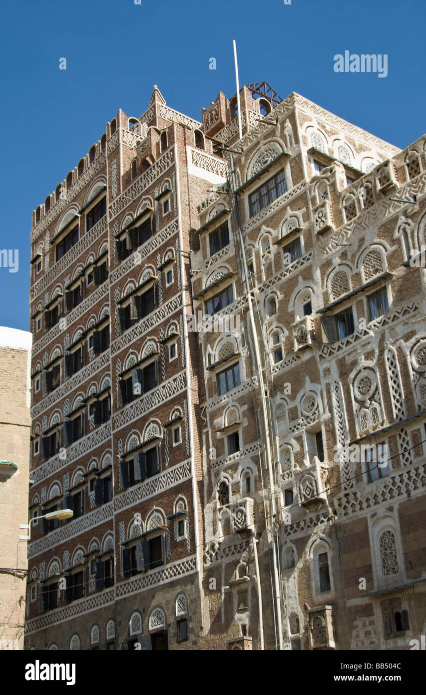 Hotel in the old town district of Sana'a Yemen Stock Photo