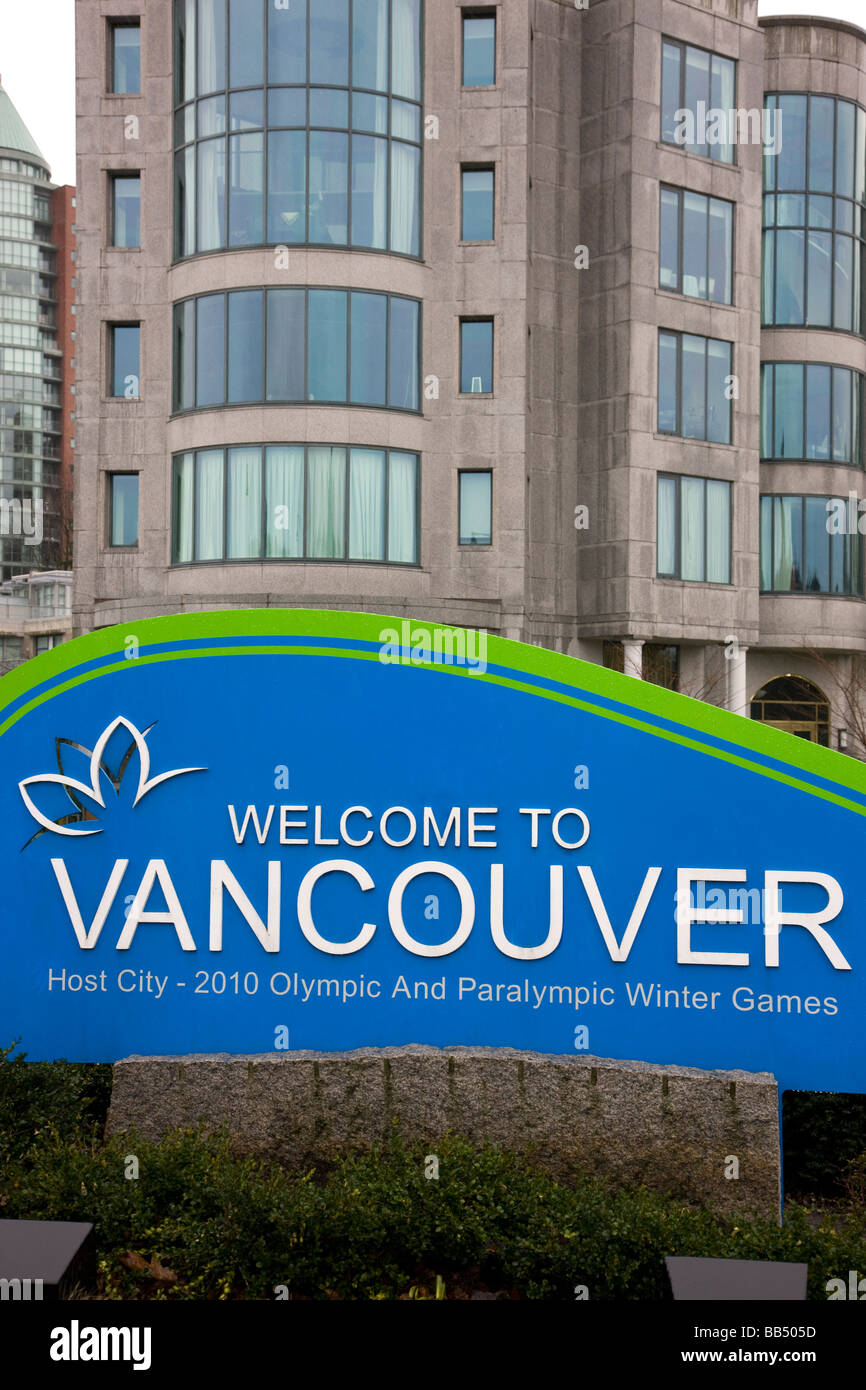 Welcome sign for the host city of the 2010 Winter Olympics Vancouver British Columbia Canada Stock Photo
