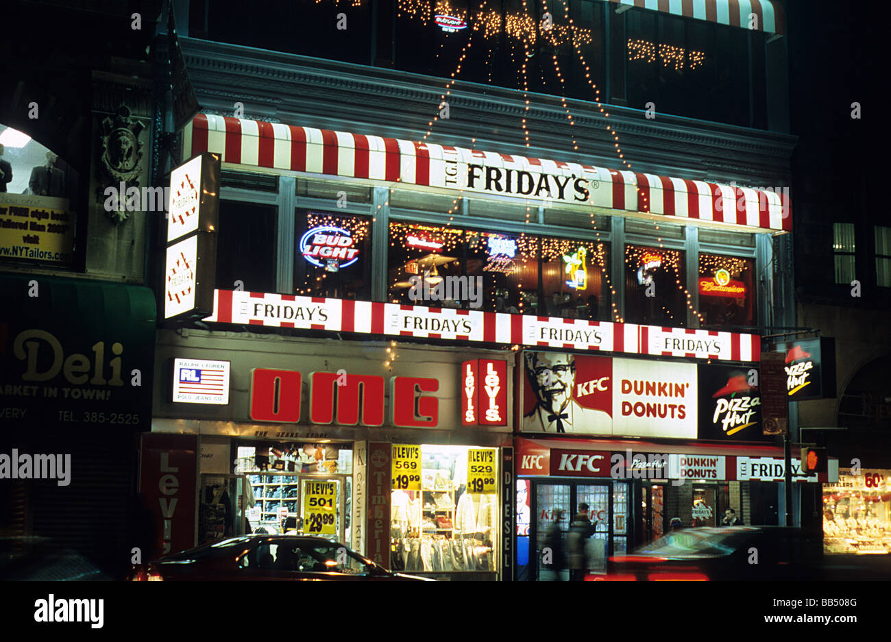 New York, restaurants on Broadway, Lower Manhattan, at night Stock