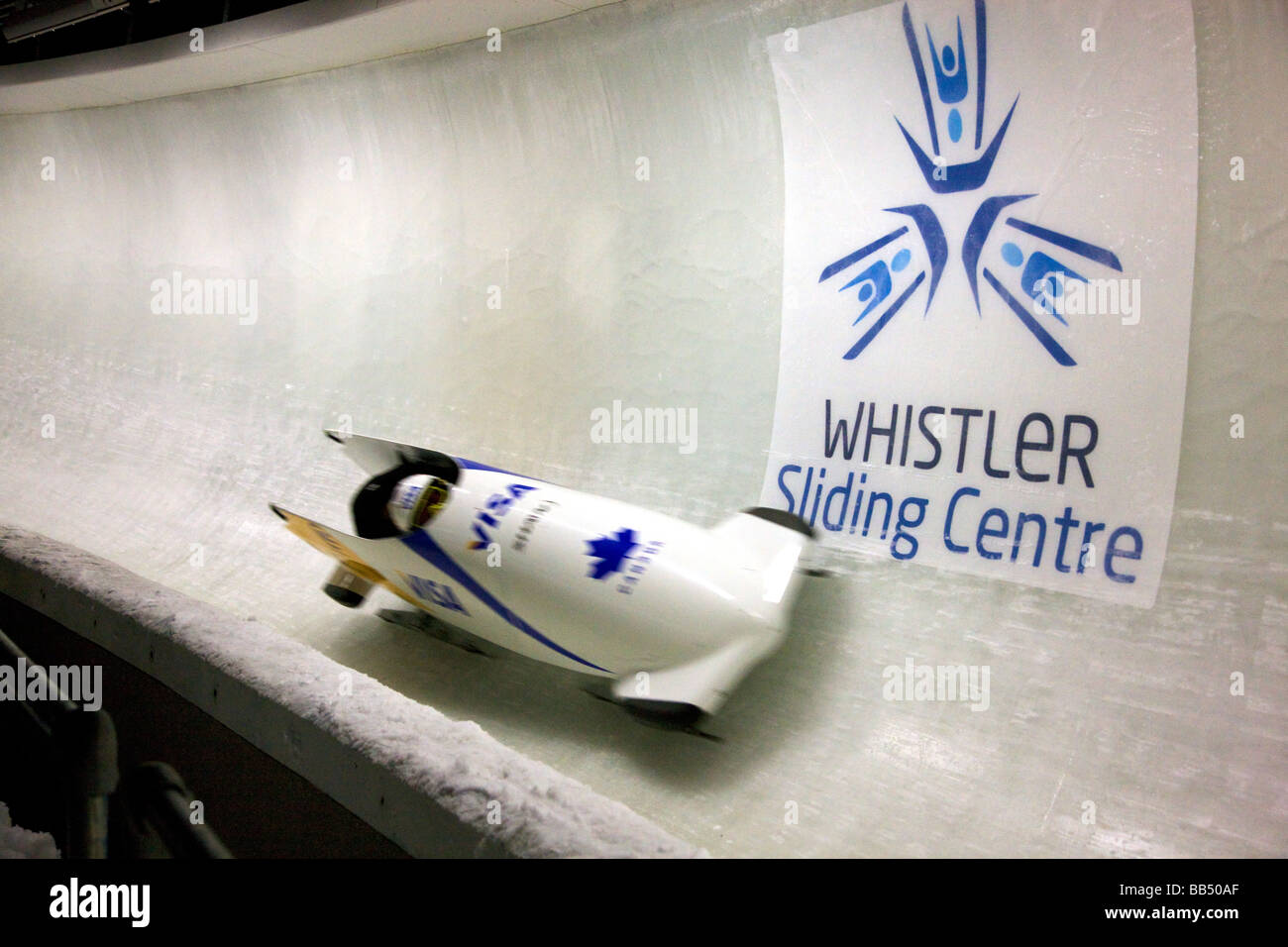 A bobsled at the Whistler Sliding Centre a sports venue for the 2010 Vancouver Winter Olympics Whistler British Columbia Canada Stock Photo