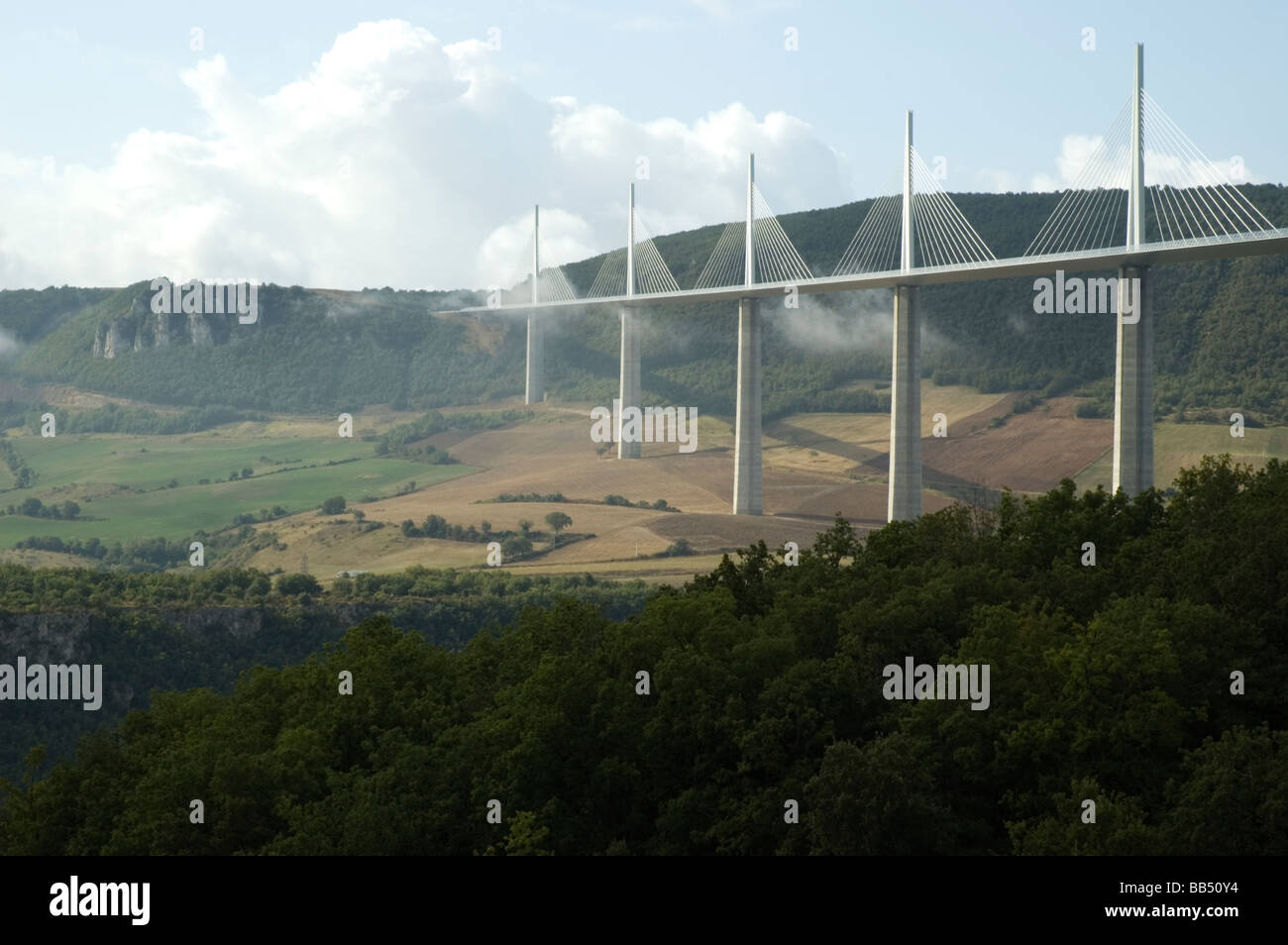The Millau Viaduct crossing the valley of the river Tarn near Millau in southern France.  Viewed from the north. Stock Photo