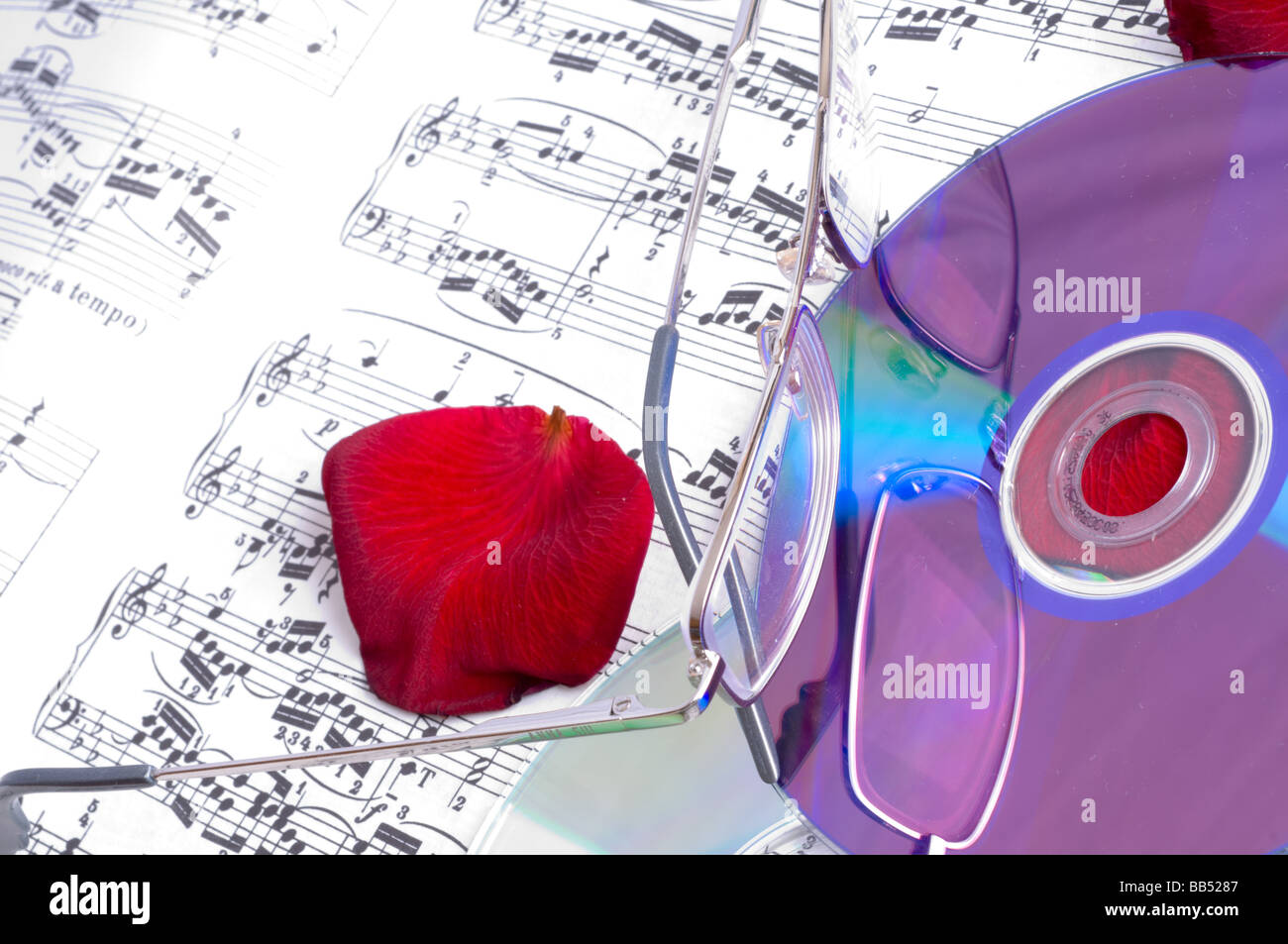 Musical notes and compact disks Stock Photo