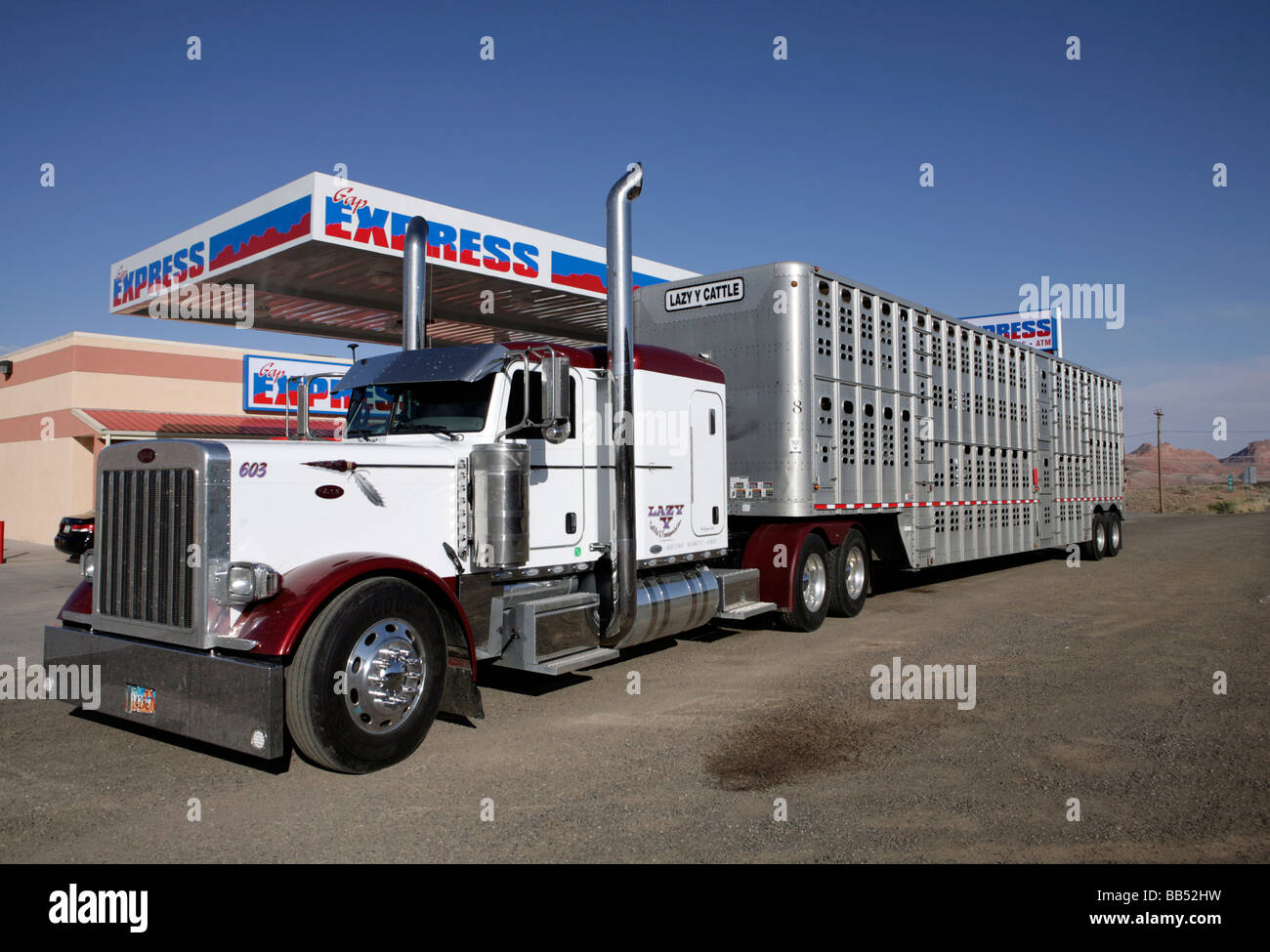Cattle truck at gas station, Arizona Stock Photo