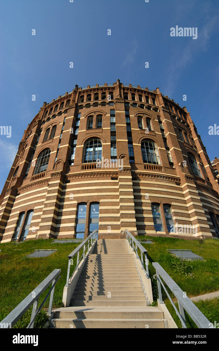 Frontal Facade of Renovated Historic Gasometer A in Simmering Vienna Austria Stock Photo