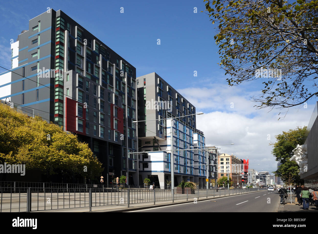 Tall modern buildings office blocks flats apartments Swanston Street Melbourne Australia Stock Photo