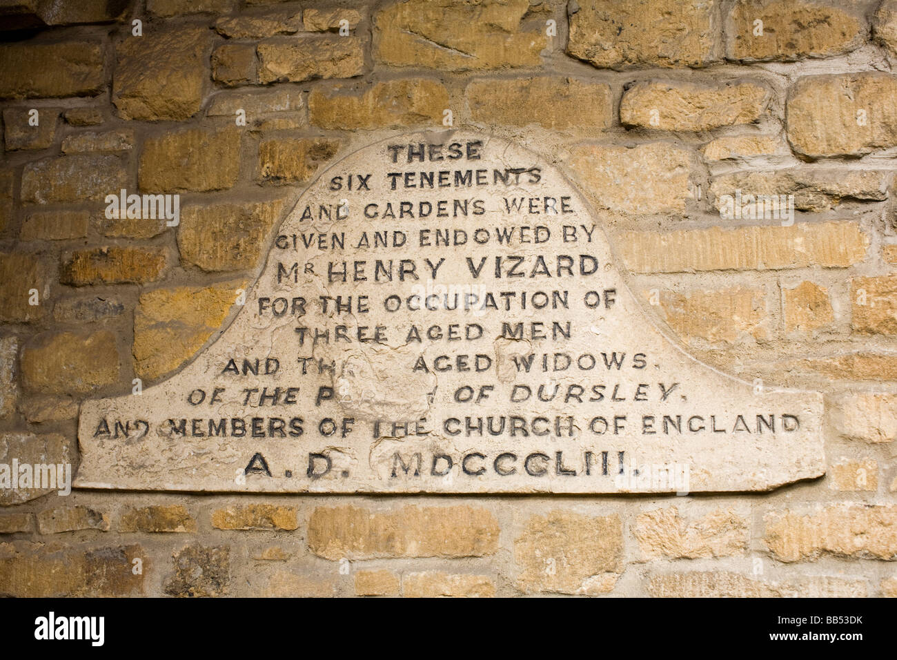 Plaque from the Henry Vizard Almshouses, Dursley, Gloucestershire, UK Stock Photo Alamy