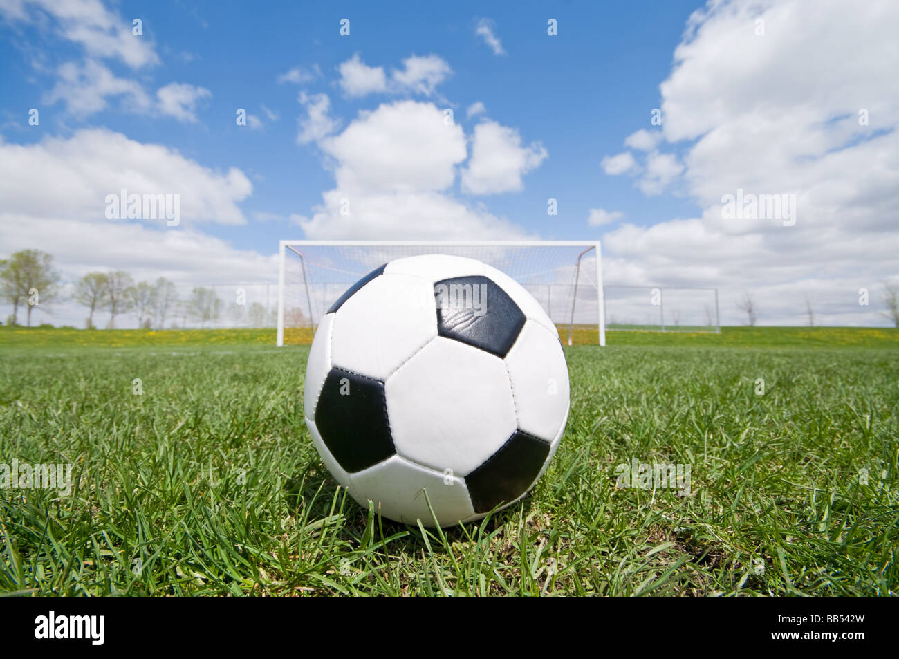 Soccer Ball On The Pitch Field With Goal In Background Stock Photo Alamy