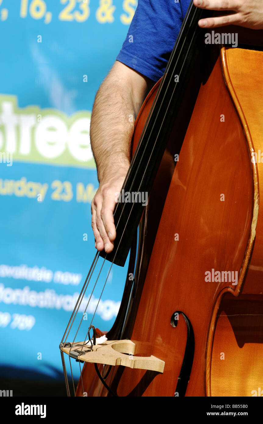 Man playing the double bass musical instrument at the Brighton Festival