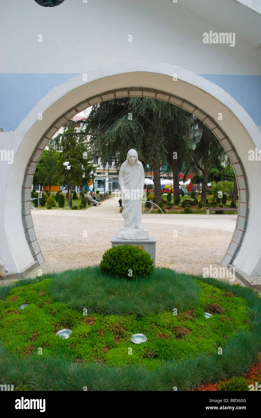 Mother Teresa statue in courtyard of Memorial House of Mother Teresa in Skopje Macedonia Europe Stock Photo
