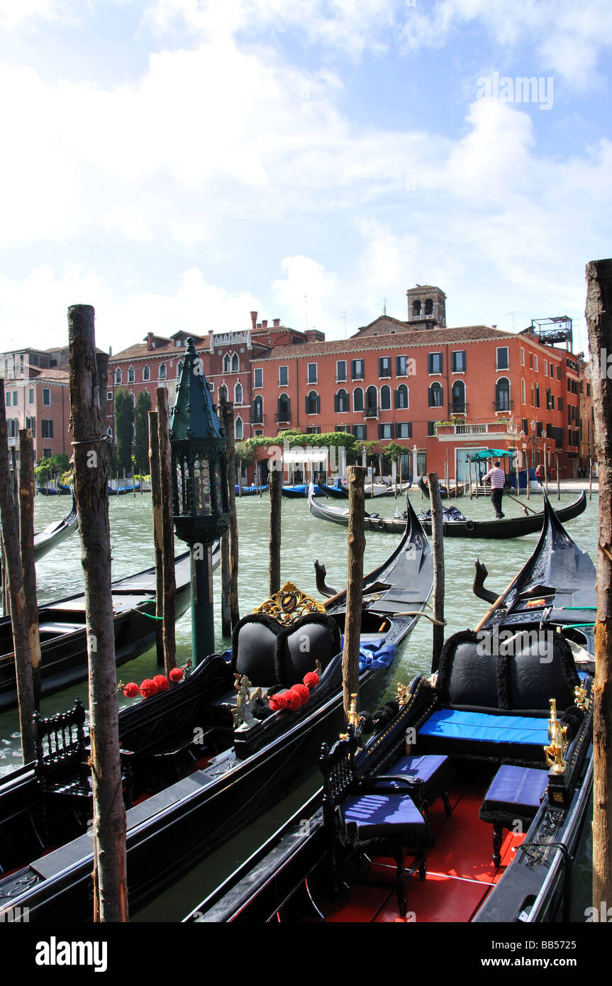 Gondolas on canalside moorings, Grand Canal, Venice, Venice Province, Veneto Region, Italy Stock Photo
