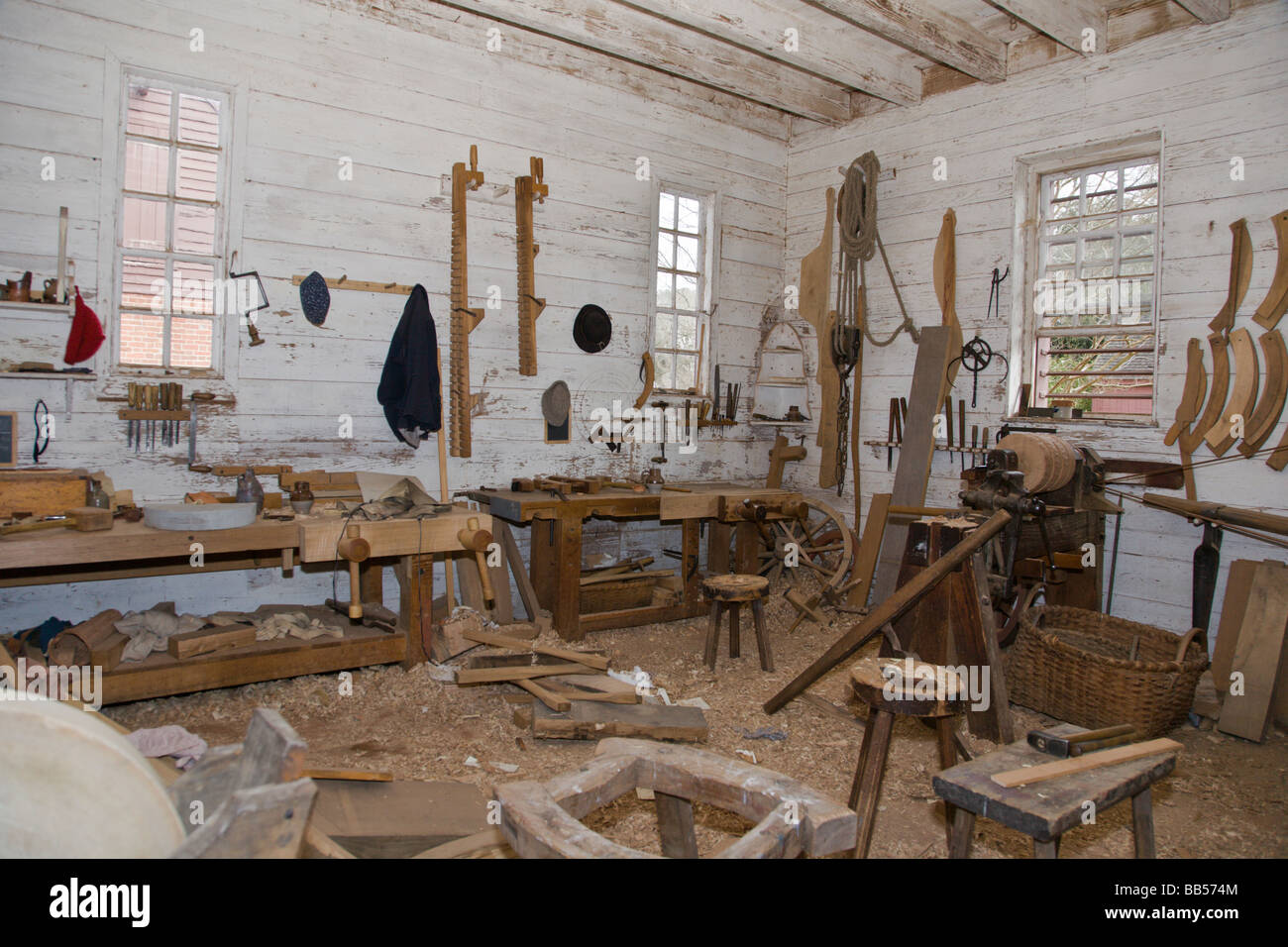 The wheelwright's workshop at Colonial Williamsburg is housed on the grounds of the Governor's Palace. Stock Photo