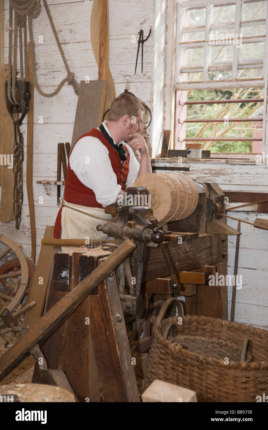 The wheelwright's workshop at Colonial Williamsburg is housed on the grounds of the Governor's Palace. Stock Photo