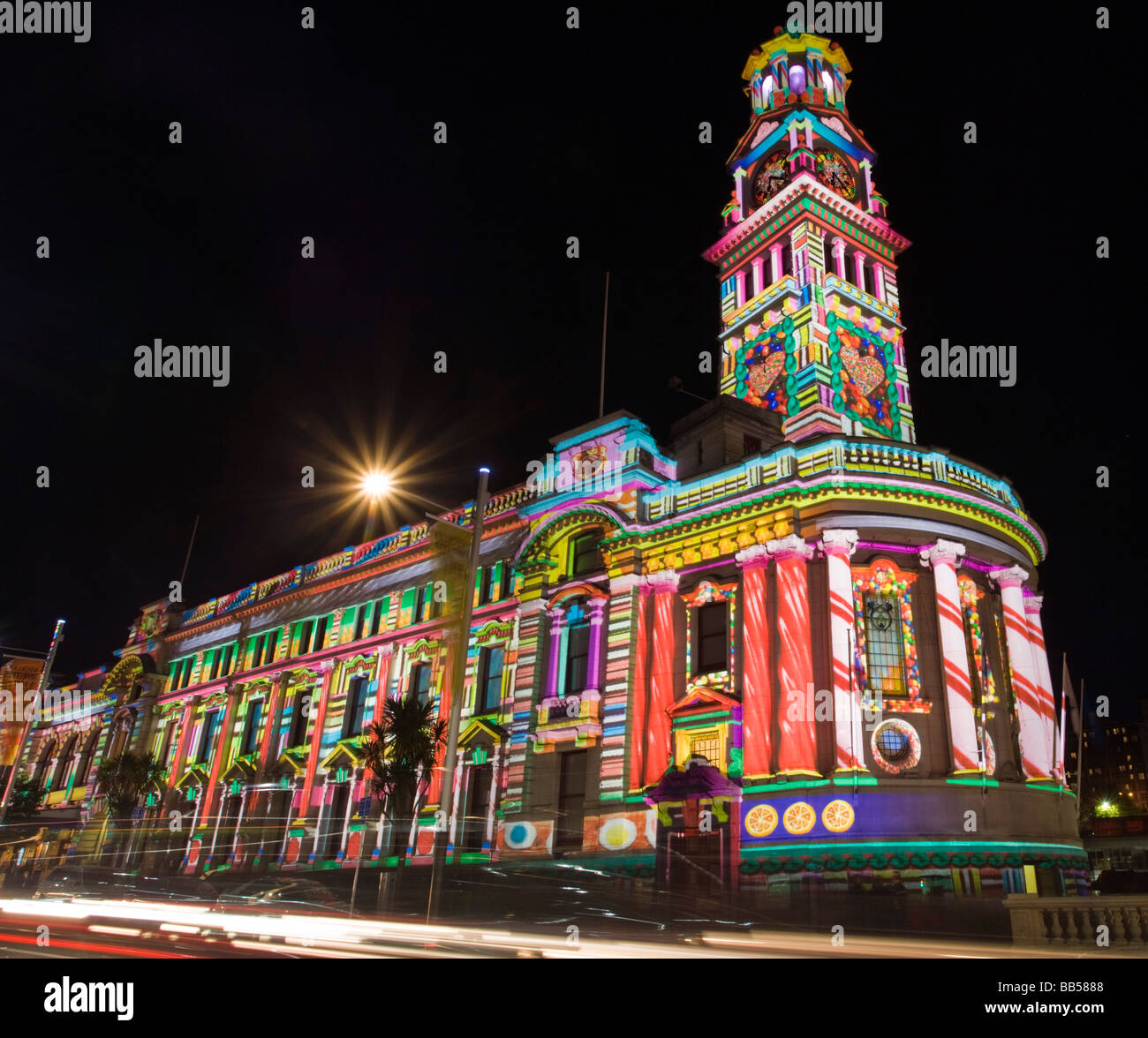 Auckland Town Hall illuminated by Mike Mizrahi for Telecom NZ to promote their new mobile network Stock Photo