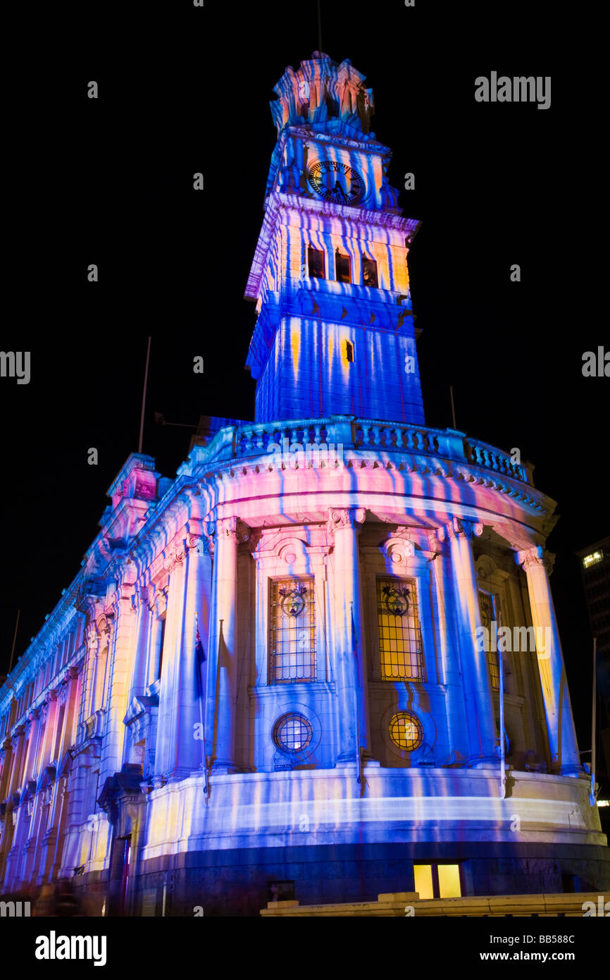 Auckland Town Hall illuminated by Mike Mizrahi for Telecom NZ to promote their new mobile network Stock Photo