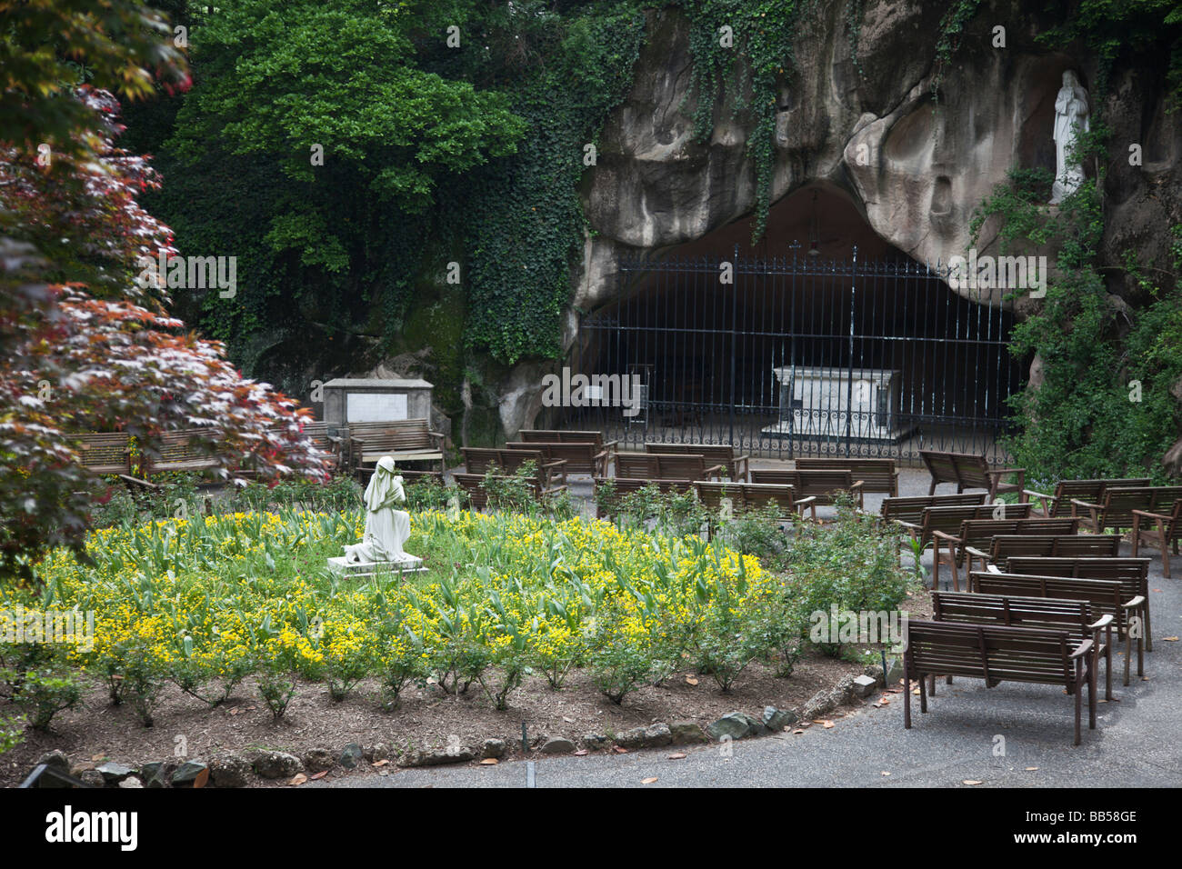 The Lower Gardens of Mount St. Sepulchre houses the Grotto of Lourdes, a replica of the original shrine in Lourdes, France. Stock Photo