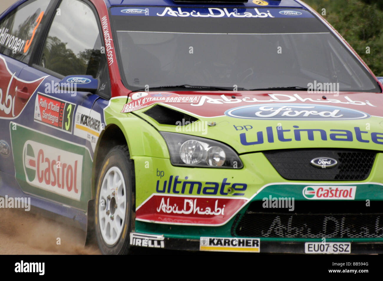 Mikko Hirvonen and Jarmo Lehtinen driving a Ford Focus at the 2008 Sardinian World Rally Championship Stock Photo