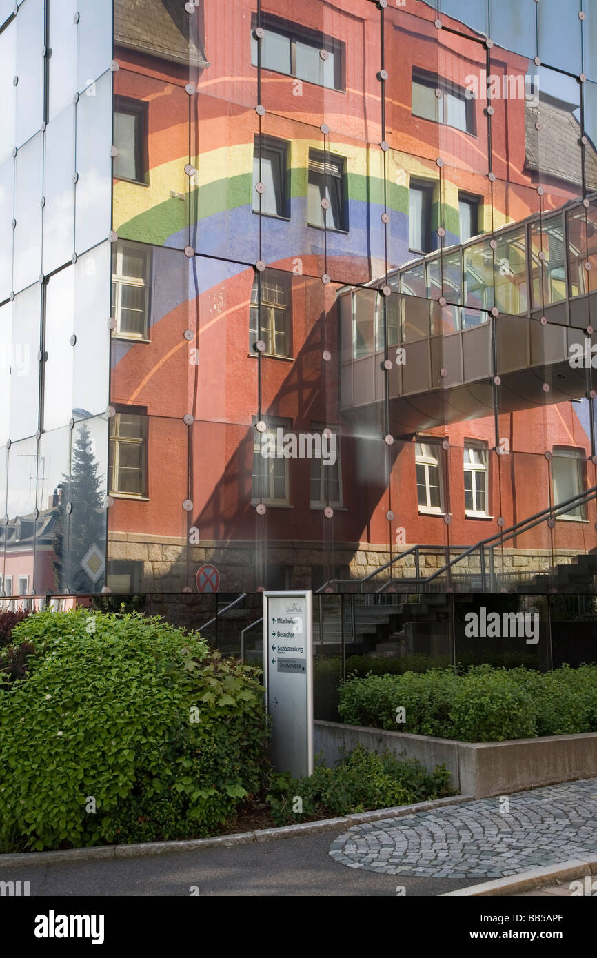 Rosenthal factory building by Marcello Morandini (1987) reflecting the Rosenthal rainbow