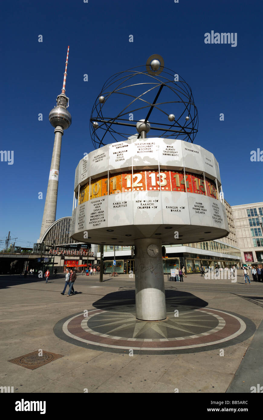Berlin Germany The World Time Clock and Fernsehturm TV tower on Alexanderplatz Stock Photo