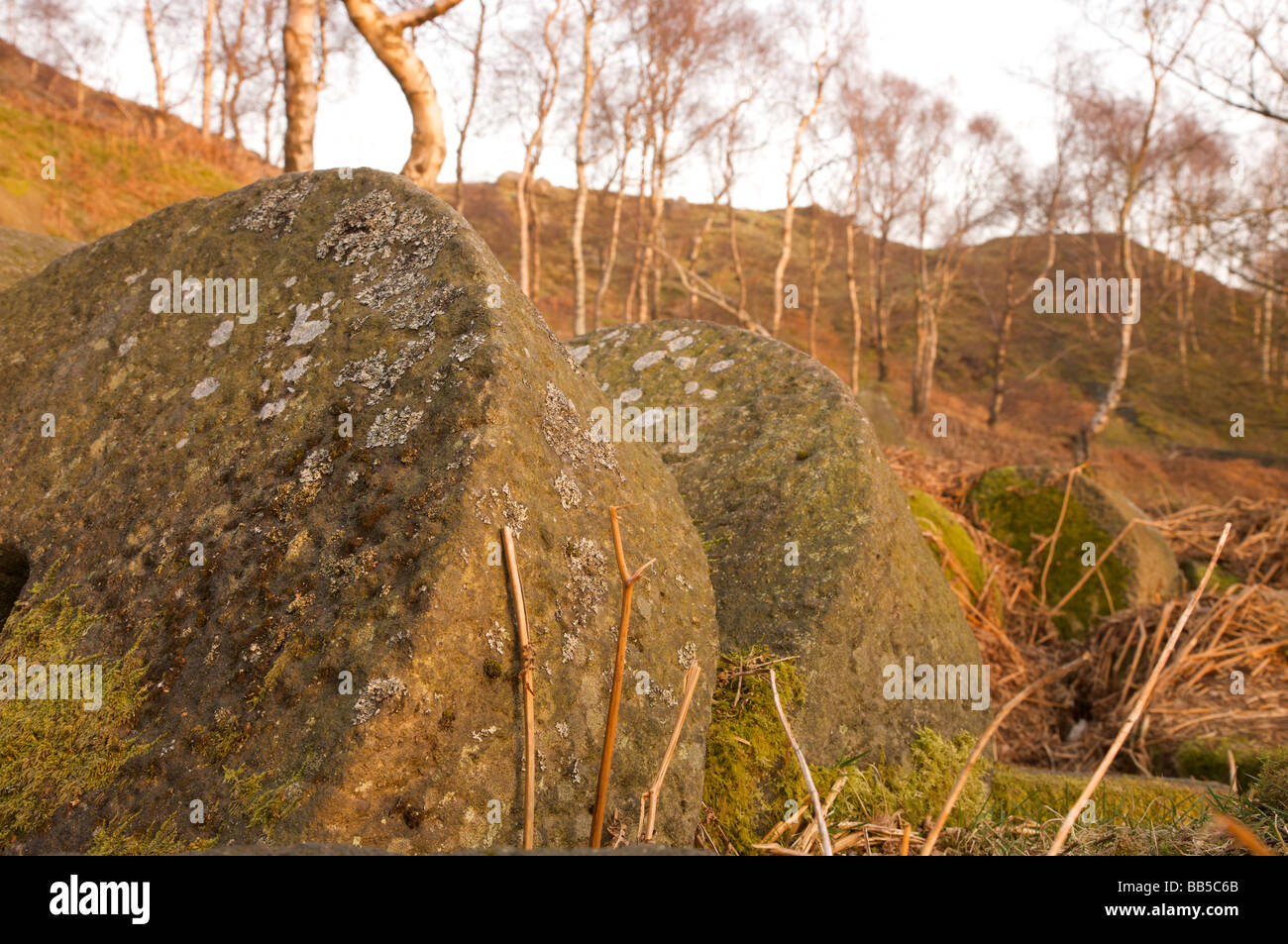 Abandoned millstones in Bolehill Quarry, Lawrencefield, Hathersage, Derbyshire Peak District Stock Photo