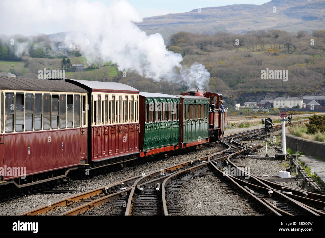 Steam train leaves Porthmadog station en route to Blaenau Ffestiniog