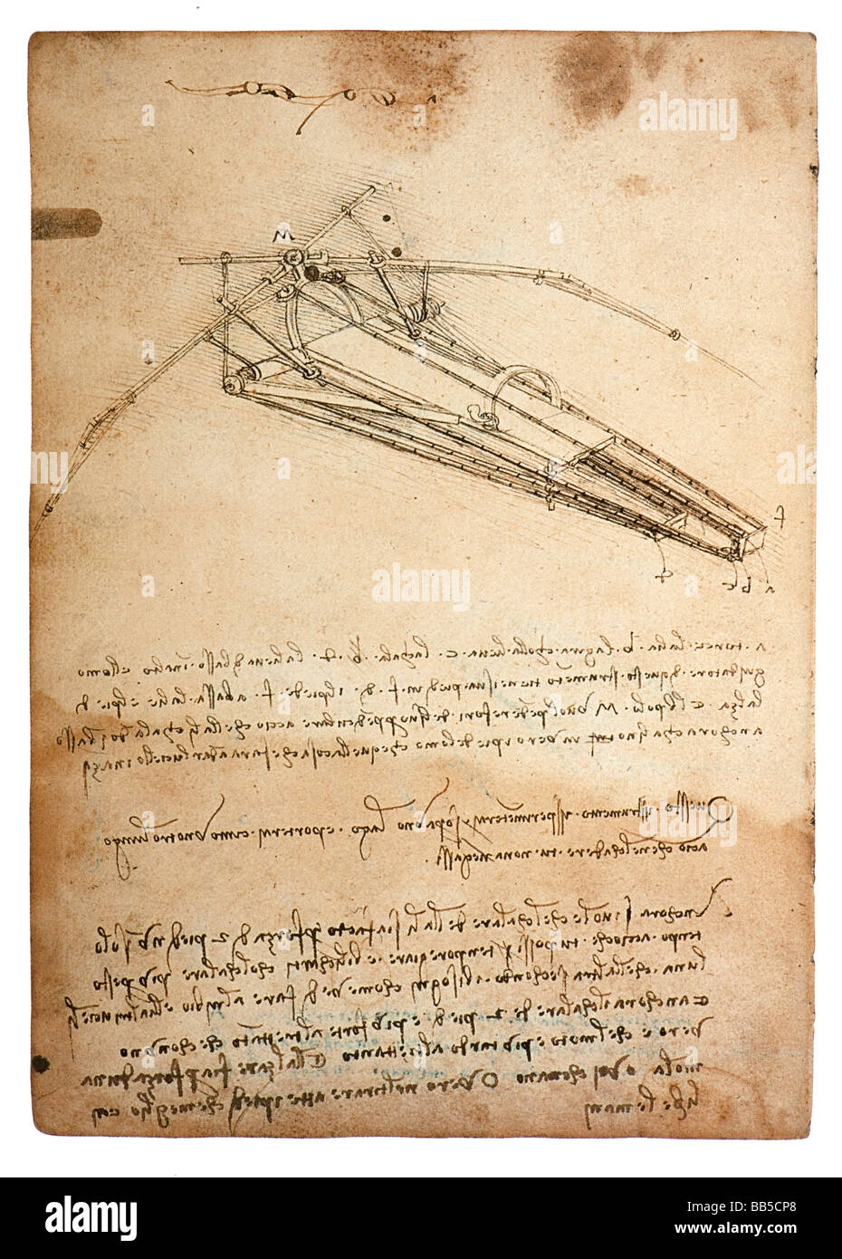 Flying machine by Leonardo da Vinci 1488-1489 pen ink Stock Photo