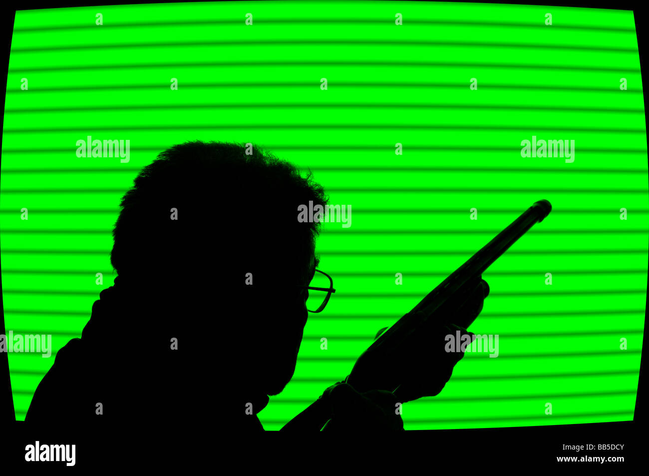 closed circuit television view of sniper with rifle Stock Photo