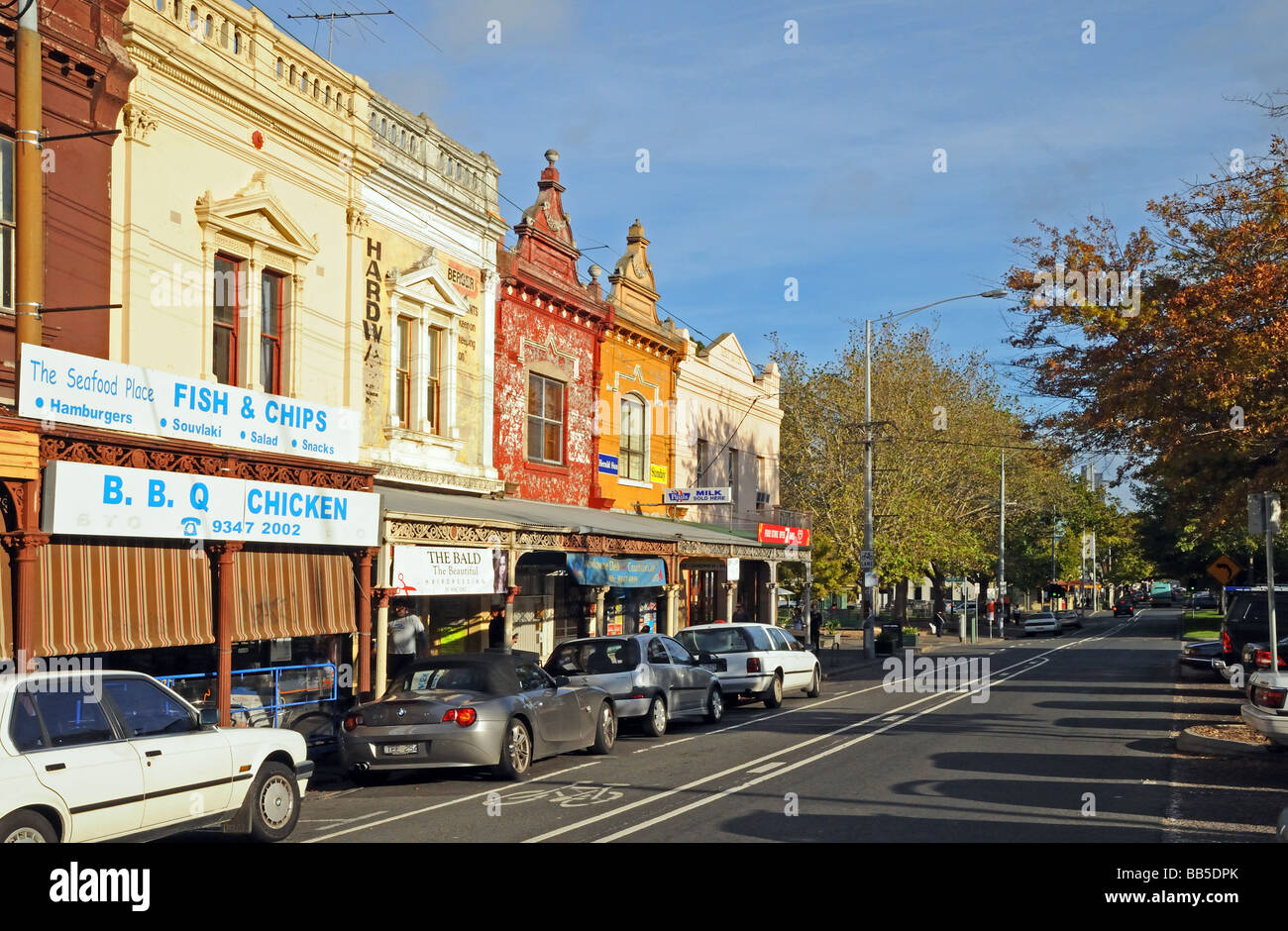 Typical old Victorian style shops Lygon Street Carlton suburb Melbourne