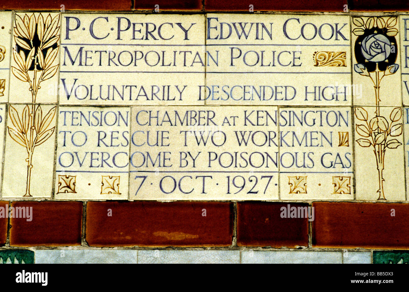 Heroic Deeds Postman's Park London P. C. Percy Edwin Cook ceramic tablet tablets tile tiles hand painted Royal Doulton Stock Photo