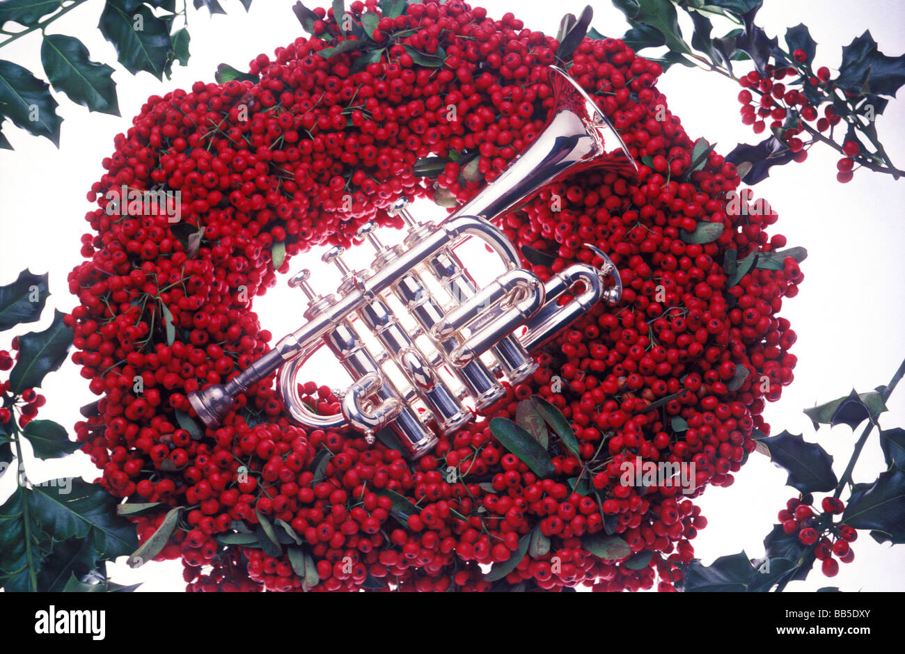 Horn on Holly berry wreath Stock Photo
