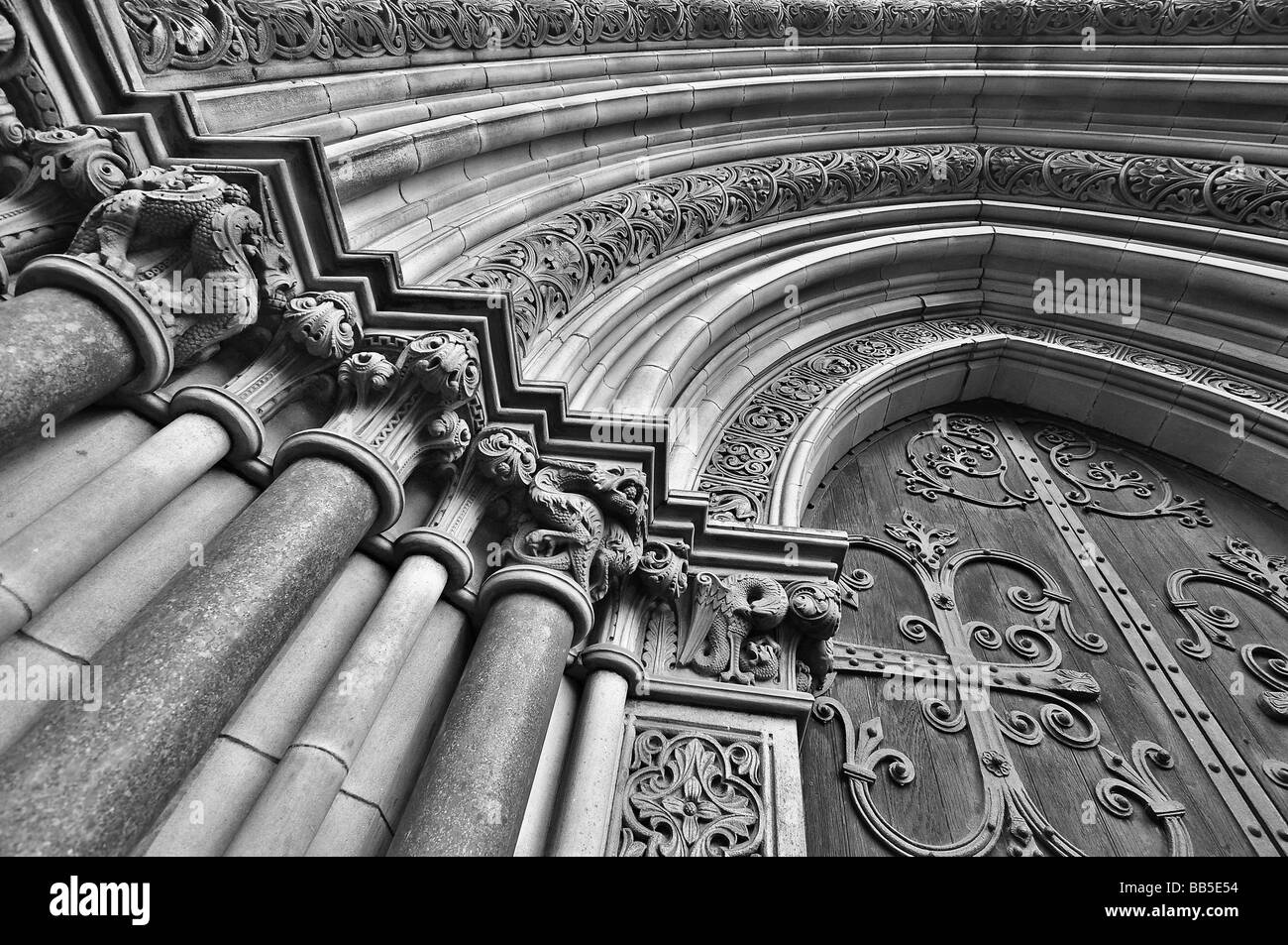 Gargoyles and door on St Mark's Cathedral in Edinburgh Stock Photo