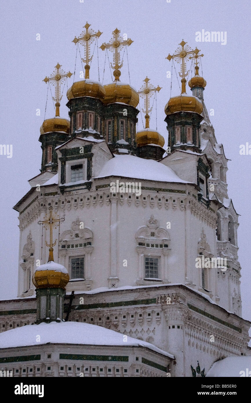 Winter Snow Scene at Russian Church, Verkhoturye town, Sverdlovsk Oblast, Russian Federation Stock Photo