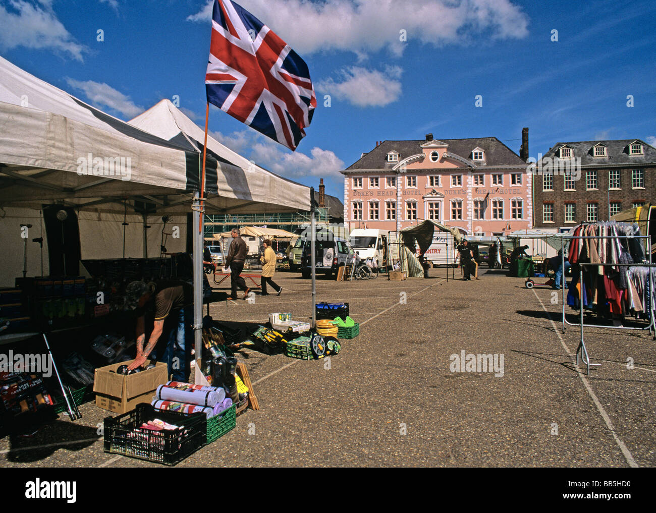 Stall at the Tuesday Market in front of the Dukes Head Hotel in the centre of Kings Lynn West Norfolk Stock Photo