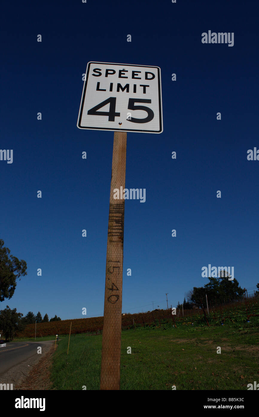 45 MPH speed sign looking from ground up to sky Stock Photo