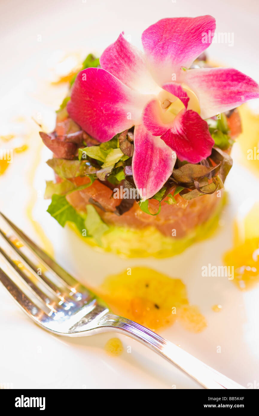 ahi tartare with citrus vinaigrette on a bed of avocado Watermark Restaurant Ventura California United States of America Stock Photo