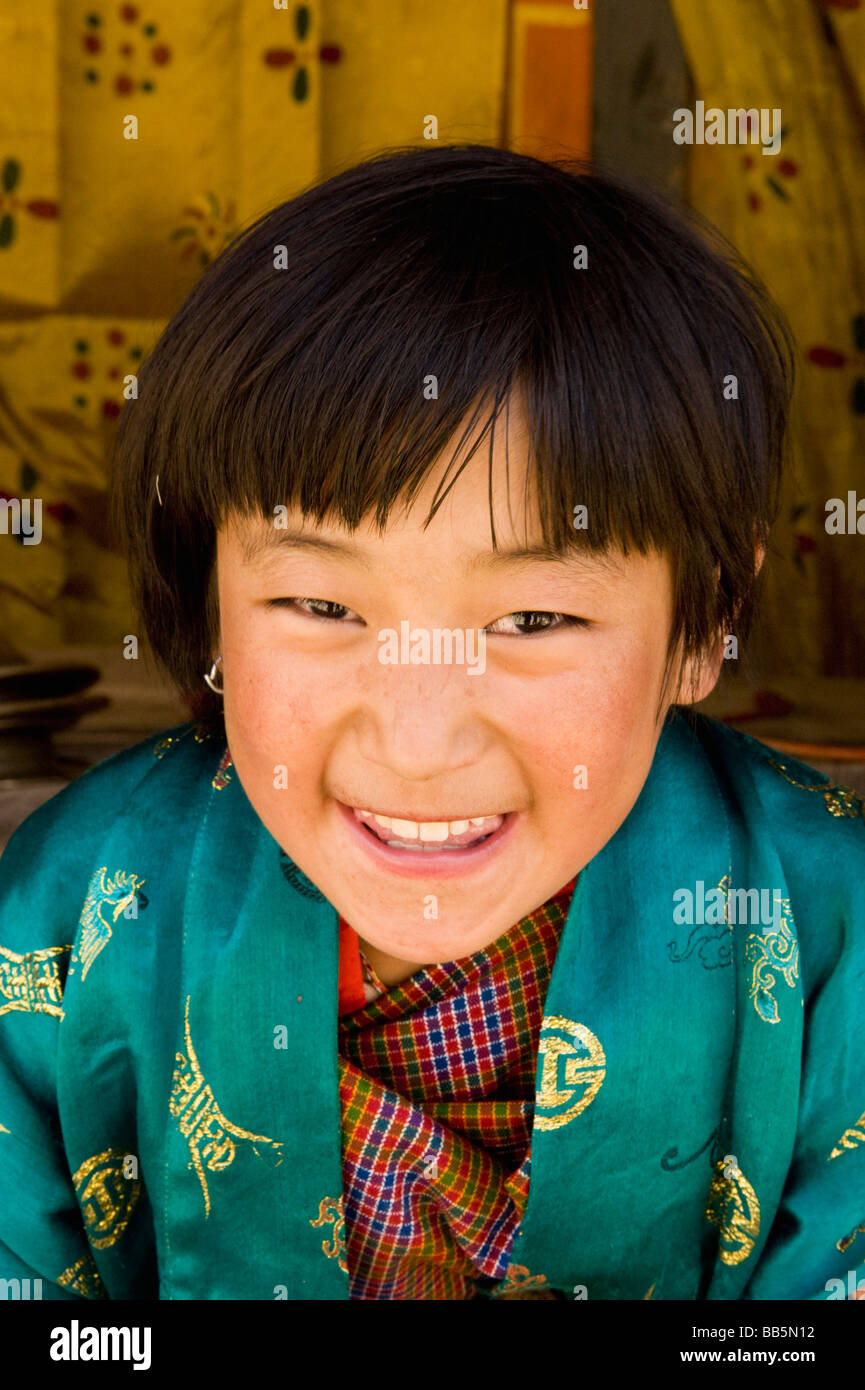 Bhutanese Girl at Tsechu or Festival, Ura, Bumthang Valley, BHUTAN Stock Photo
